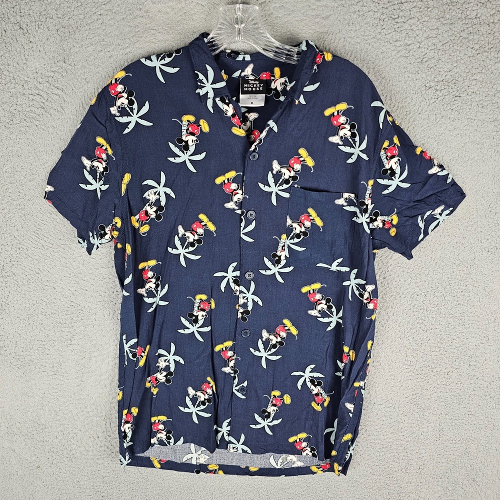 Disney Hawaiian Shirt Men's M Navy Graphic Mickey Mouse & Palm Trees Button Up